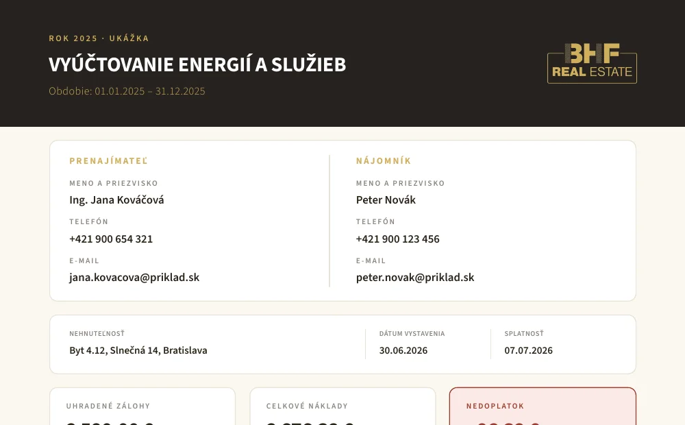 Ukážka ročného vyúčtovania energií a služieb pre nájomníka